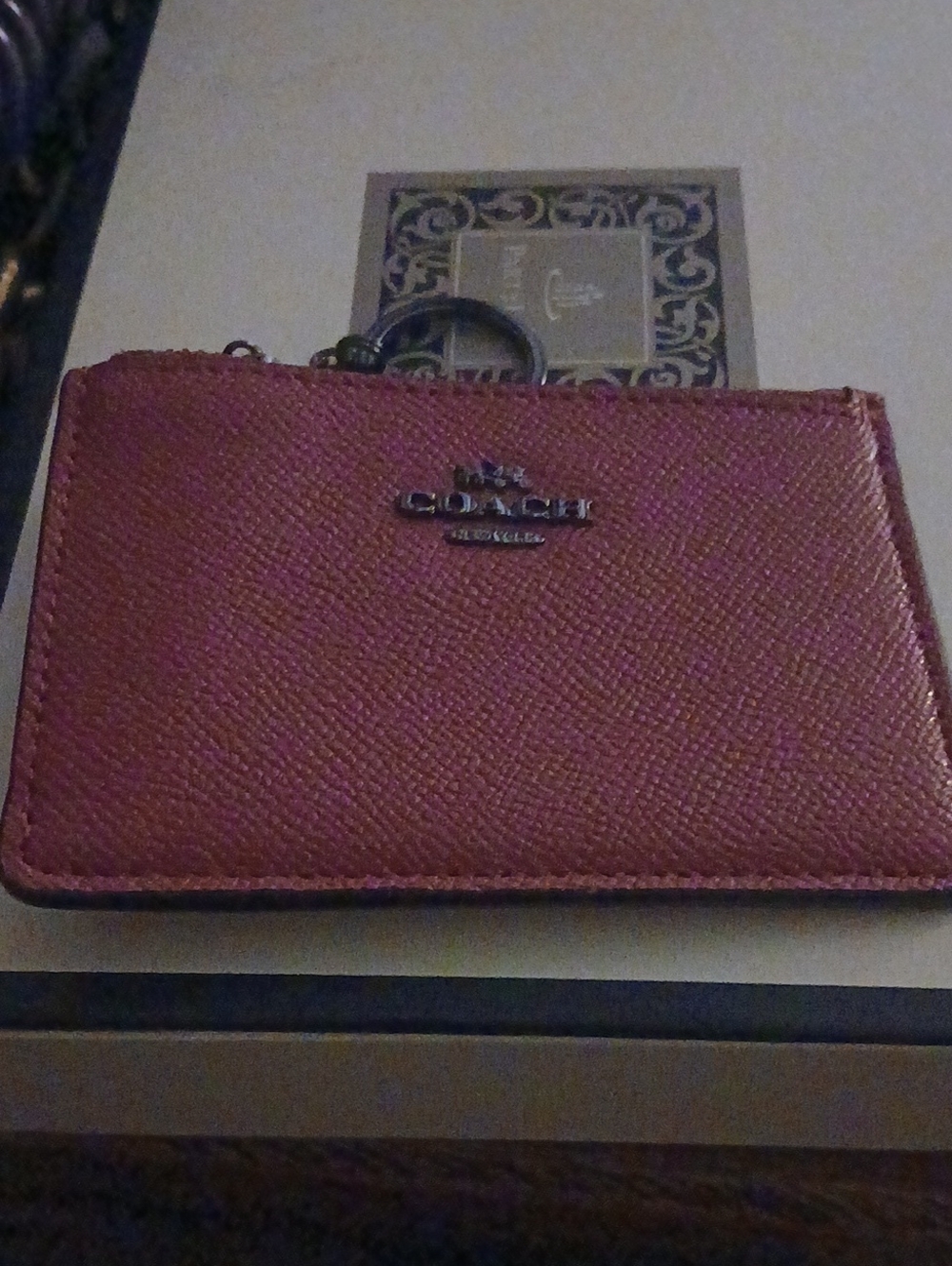 Coach Small Megenta Leather Card Holder with Key Ring Nwot